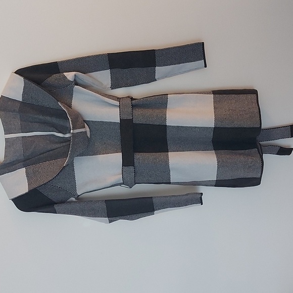 Rachel Zoe Hooded Belted Open Front Cardigan Black/Gray Plaid Size XS - Picture 2 of 6